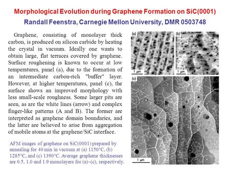 Morphological Evolution during Graphene Formation on SiC(0001) Randall Feenstra, Carnegie Mellon University, DMR 0503748 Graphene, consisting of monolayer.