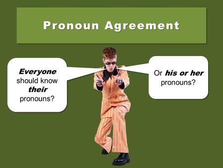 Pronoun Agreement Everyone should know their pronouns? Everyone should know their pronouns? Or his or her pronouns? Or his or her pronouns?