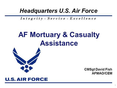 I n t e g r i t y - S e r v i c e - E x c e l l e n c e Headquarters U.S. Air Force 1 AF Mortuary & Casualty Assistance CMSgt David Fish AFMAO/CEM.