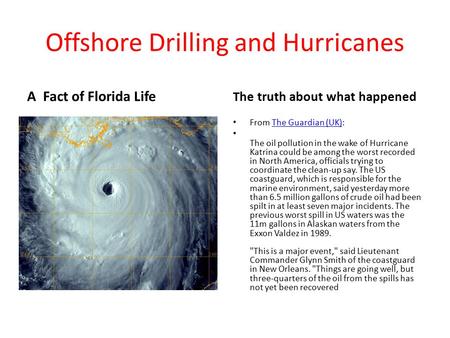Offshore Drilling and Hurricanes A Fact of Florida Life The truth about what happened From The Guardian (UK):The Guardian (UK) The oil pollution in the.