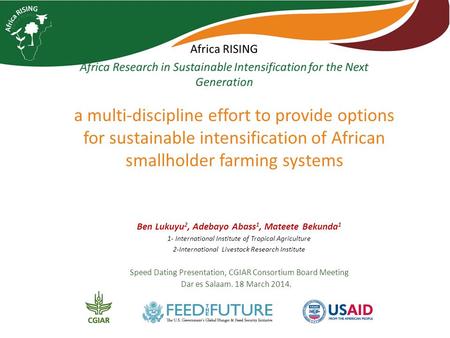 A multi-discipline effort to provide options for sustainable intensification of African smallholder farming systems Ben Lukuyu 2, Adebayo Abass 1, Mateete.