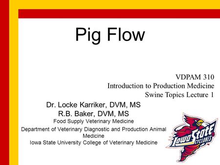 Pig Flow Dr. Locke Karriker, DVM, MS R.B. Baker, DVM, MS Food Supply Veterinary Medicine Department of Veterinary Diagnostic and Production Animal Medicine.