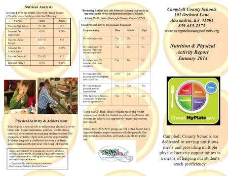 Nutrition & Physical Activity Report January 2014 Campbell County Schools are dedicated to serving nutritious meals and providing multiple physical activity.