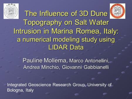 The Influence of 3D Dune Topography on Salt Water Intrusion in Marina Romea, Italy: a numerical modeling study using LIDAR Data Pauline Mollema, Marco.