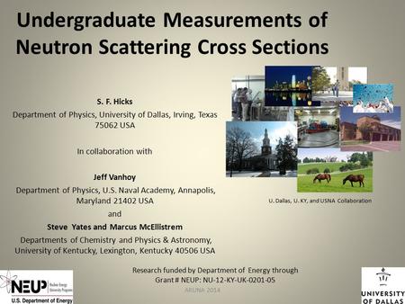Undergraduate Measurements of Neutron Scattering Cross Sections S. F. Hicks Department of Physics, University of Dallas, Irving, Texas 75062 USA In collaboration.