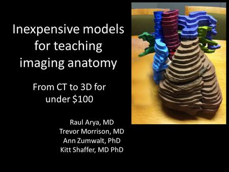 Inexpensive models for teaching imaging anatomy From CT to 3D for under $100 Raul Arya, MD Trevor Morrison, MD Ann Zumwalt, PhD Kitt Shaffer, MD PhD.