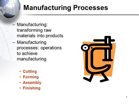 1 Manufacturing Processes –Manufacturing: transforming raw materials into products –Manufacturing processes: operations to achieve manufacturing Cutting.