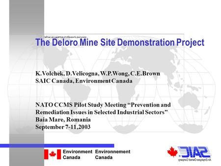 The Deloro Mine Site Demonstration Project K.Volchek, D.Velicogna, W.P.Wong, C.E.Brown SAIC Canada, Environment Canada NATO CCMS Pilot Study Meeting “Prevention.