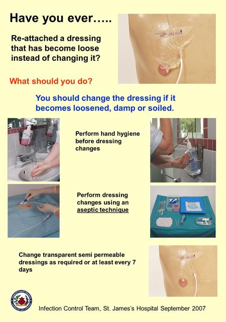 Have you ever….. Re-attached a dressing that has become loose instead of changing it? What should you do? You should change the dressing if it becomes.
