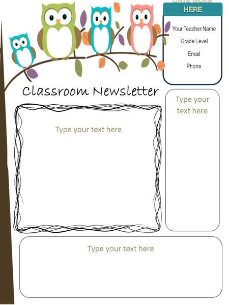 Type your text here Your Teacher Name Grade Level Email Phone Type your text here Classroom Newsletter.