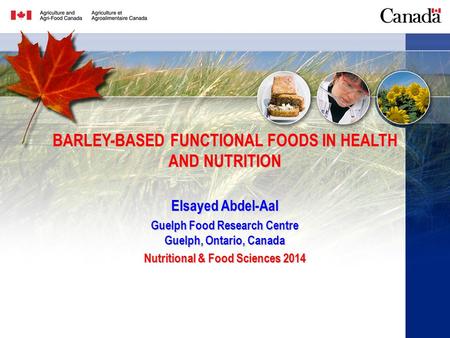 1 BARLEY-BASED FUNCTIONAL FOODS IN HEALTH AND NUTRITION Elsayed Abdel-Aal Guelph Food Research Centre Guelph, Ontario, Canada Nutritional & Food Sciences.