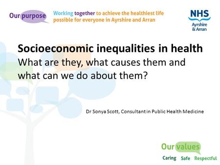Socioeconomic inequalities in health What are they, what causes them and what can we do about them? Dr Sonya Scott, Consultant in Public Health Medicine.