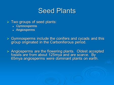 Seed Plants  Two groups of seed plants: Gymnosperms Gymnosperms Angiosperms Angiosperms  Gymnosperms include the conifers and cycads and this group originated.