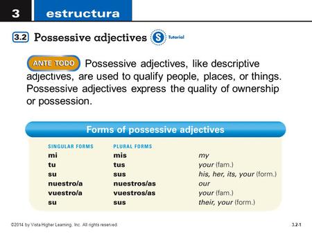 Possessive adjectives, like descriptive adjectives, are used to qualify people, places, or things. Possessive adjectives express the quality of ownership.