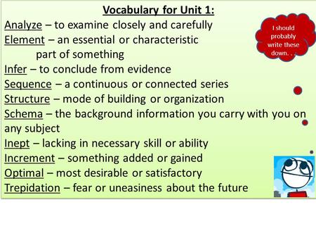 Vocabulary for Unit 1: Analyze – to examine closely and carefully Element – an essential or characteristic part of something Infer – to conclude from evidence.