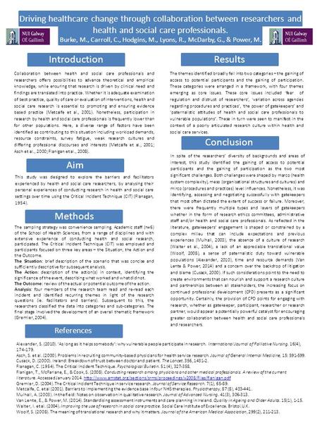 Results Driving healthcare change through collaboration between researchers and health and social care professionals. Burke, M., Carroll, C., Hodgins,