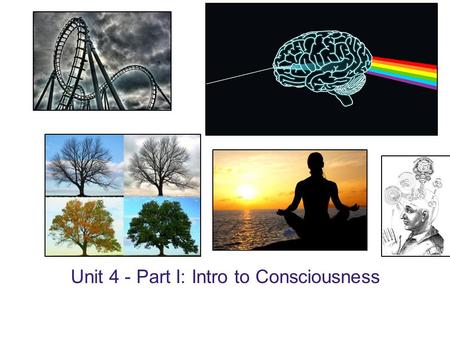 Unit 4 - Part I: Intro to Consciousness. Your individual awareness of your unique thoughts, memories, feelings, sensations and environment. Your conscious.