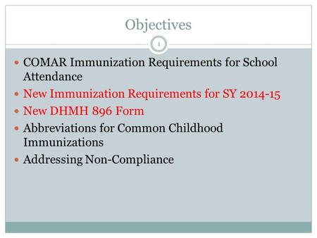 Objectives COMAR Immunization Requirements for School Attendance New Immunization Requirements for SY 2014-15 New DHMH 896 Form Abbreviations for Common.