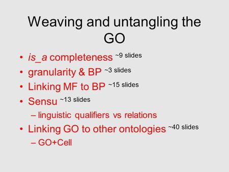 Weaving and untangling the GO is_a completeness ~9 slides granularity & BP ~3 slides Linking MF to BP ~15 slides Sensu ~13 slides –linguistic qualifiers.