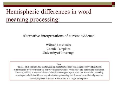 Hemispheric differences in word meaning processing: Alternative interpretations of current evidence Wiltrud Fassbinder Connie Tompkins University of Pittsburgh.
