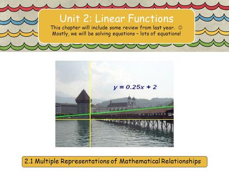 Unit 2: Linear Functions This chapter will include some review from last year. Mostly, we will be solving equations – lots of equations! 2.1 Multiple Representations.