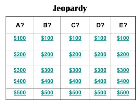Jeopardy A?B?C?D?E? $100 $200 $300 $400 $500 ANSWER This is where many of the battles of the French and Indian War were fought.