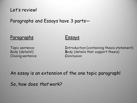 Let’s review! Paragraphs and Essays have 3 parts— ParagraphsEssays Topic sentenceIntroduction (containing thesis statement) Body (details!)Body (details.