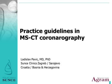 Practice guidelines in MS-CT coronarography Ladislav Pavic, MD, PhD Sunce Clinics Zagreb / Sarajevo Croatia / Bosnia & Herzegovina.