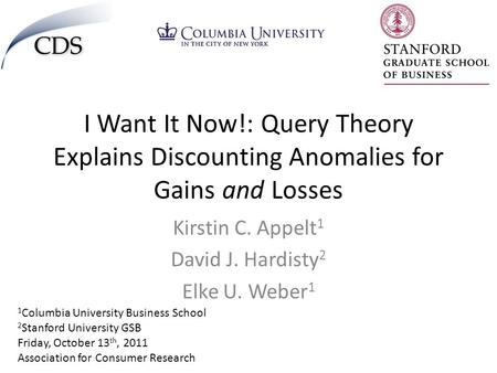 I Want It Now!: Query Theory Explains Discounting Anomalies for Gains and Losses Kirstin C. Appelt 1 David J. Hardisty 2 Elke U. Weber 1 1 Columbia University.
