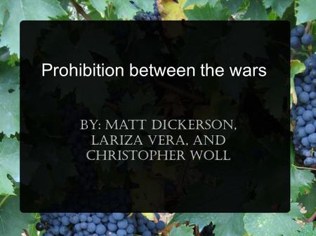 Prohibition between the wars By: Matt Dickerson, Lariza Vera, and Christopher Woll.