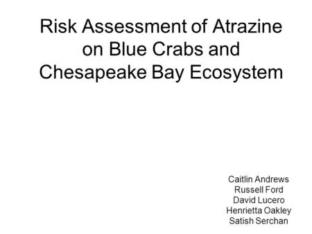 Risk Assessment of Atrazine on Blue Crabs and Chesapeake Bay Ecosystem Caitlin Andrews Russell Ford David Lucero Henrietta Oakley Satish Serchan.