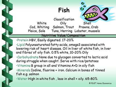 Fish Classification WhiteOilyShell Cod, WhitingSalmon, Trout Prawns, Crab Plaice, SoleTuna, Herring Lobster, mussels Nutritive Value/Composition Protein.
