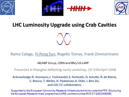 LHC Luminosity Upgrade using Crab Cavities Rama Calaga, Yi-Peng Sun, Rogelio Tomas, Frank Zimmermann Acknowledge: R. Assmann, J. Tuckmantel, S. Fartoukh,