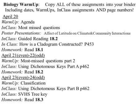 Biology WarmUp:	Copy ALL of these assignments into your binder Including dates, WarmUps, InClass assignments AND page numbers! April 20 WarmUp: Agenda.