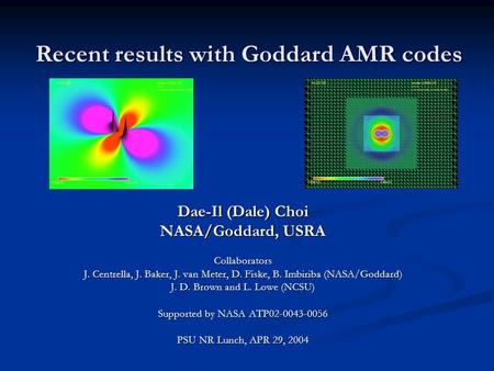 Recent results with Goddard AMR codes Dae-Il (Dale) Choi NASA/Goddard, USRA Collaborators J. Centrella, J. Baker, J. van Meter, D. Fiske, B. Imbiriba (NASA/Goddard)