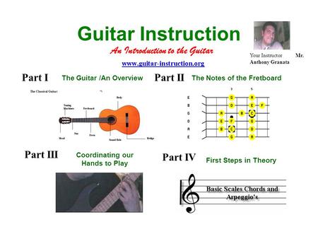 Guitar Instruction An Introduction to the Guitar Your Instructor Mr. Anthony Granata Part I The Guitar /An Overview Part II The Notes of the Fretboard.