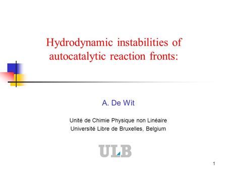 1 Hydrodynamic instabilities of autocatalytic reaction fronts: A. De Wit Unité de Chimie Physique non Linéaire Université Libre de Bruxelles, Belgium.