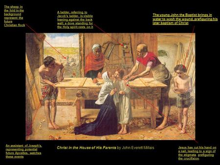 Christ in the House of His Parents by John Everett Millais Jesus has cut his hand on a nail, leading to a sign of the stigmata, prefiguring the crucifixion.
