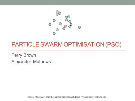 PARTICLE SWARM OPTIMISATION (PSO) Perry Brown Alexander Mathews Image: