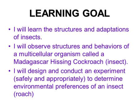LEARNING GOAL I will learn the structures and adaptations of insects. I will observe structures and behaviors of a multicellular organism called a Madagascar.