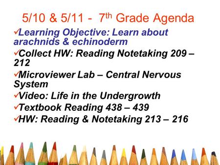 5/10 & 5/11 - 7 th Grade Agenda Learning Objective: Learn about arachnids & echinoderm Collect HW: Reading Notetaking 209 – 212 Microviewer Lab – Central.