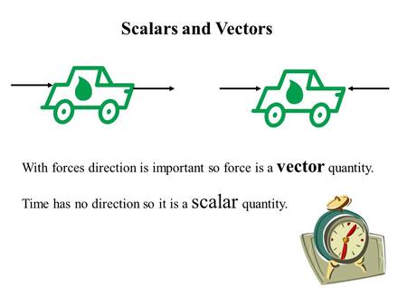 Scalars and Vectors With forces direction is important so force is a vector quantity. Time has no direction so it is a scalar quantity.