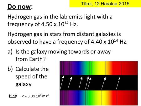 Hydrogen gas in the lab emits light with a frequency of 4.50 x 10 14 Hz. Hydrogen gas in stars from distant galaxies is observed to have a frequency of.