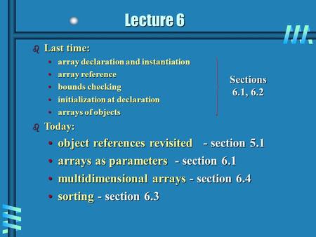 Lecture 6 b Last time: array declaration and instantiationarray declaration and instantiation array referencearray reference bounds checkingbounds checking.