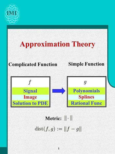 IMI 1 Approximation Theory Metric: Complicated Function Signal Image Solution to PDE Simple Function Polynomials Splines Rational Func.