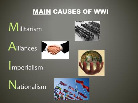M ilitarism A lliances I mperialism N ationalism MAIN CAUSES OF WWI.
