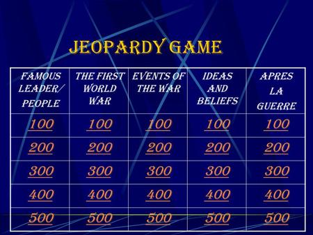 Jeopardy game Famous leader/ people The first World War Events of the War Ideas and beliefs Apres La guerre 100 200 300 400 500.