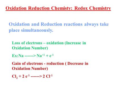 Oxidation Reduction Chemisty: Redox Chemistry
