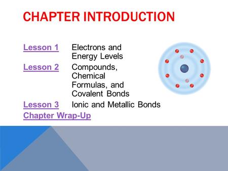 CHAPTER INTRODUCTION Lesson 1Lesson 1Electrons and Energy Levels Lesson 2Lesson 2Compounds, Chemical Formulas, and Covalent Bonds Lesson 3Lesson 3Ionic.
