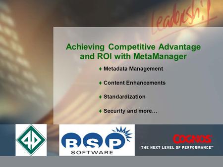 Achieving Competitive Advantage and ROI with MetaManager  Metadata Management  Content Enhancements  Standardization  Security and more…